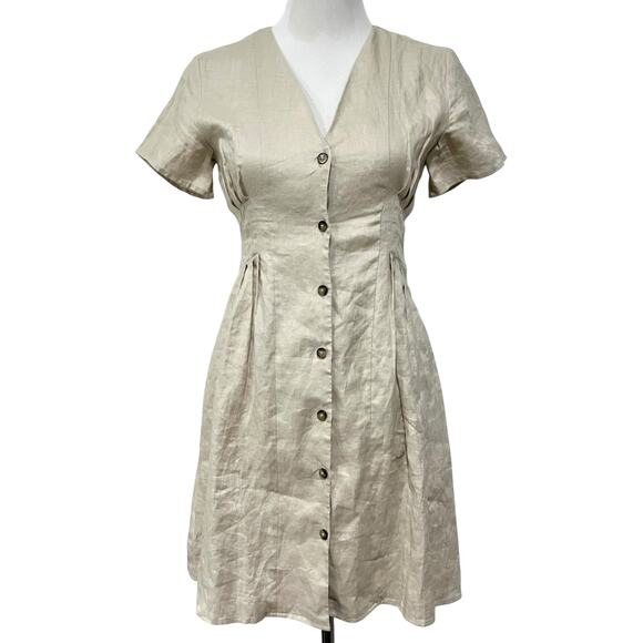 MNG Mango Linen Dress Beige A-Line Pleated Sides Button Front Euro Summer Sz XXS - Picture 1 of 8